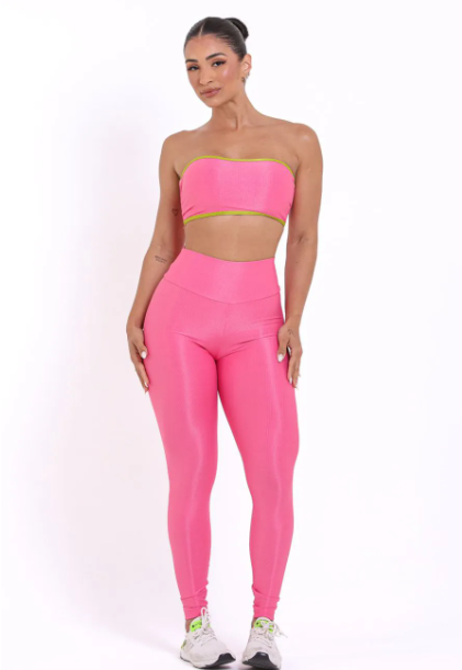 Conjunto Canelado de Compressão Tomara que Caia Rosa