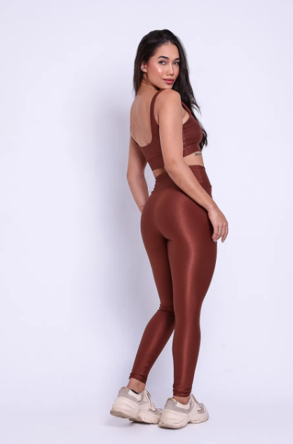 Conjunto Legging + Top Canelado de Compressão Marrom Café
