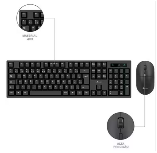 Teclado e Mouse sem Fio, Wireless, Padrão ABNT2, Preto, App-Tech - CX 1 UN