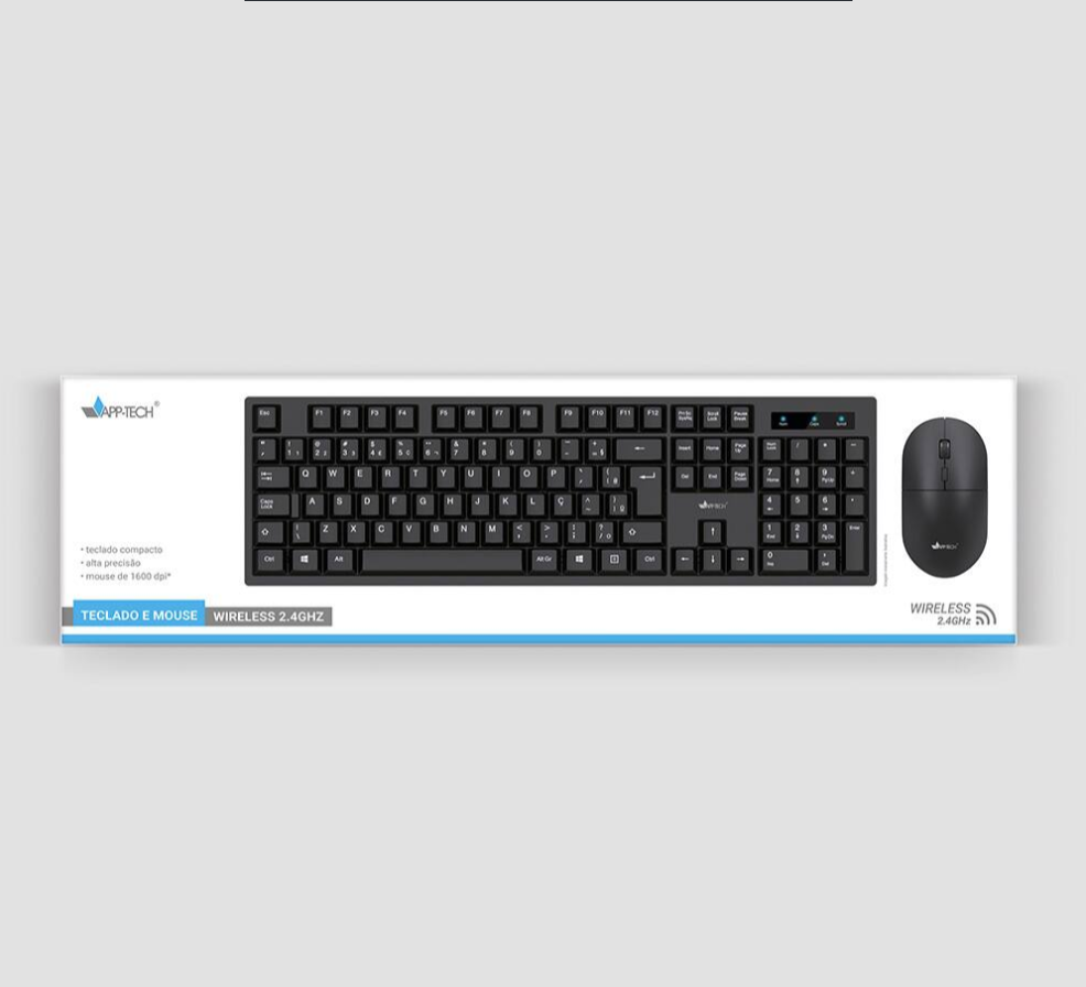 Teclado e Mouse sem Fio, Wireless, Padrão ABNT2, Preto, App-Tech - CX 1 UN
