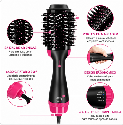 Escova Secadora 3 em 1 Hair Dryerand Styler 1000W -  Rosa e Preto 127V