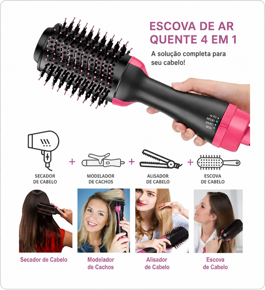 Escova Secadora 3 em 1 Hair Dryerand Styler 1000W -  Rosa e Preto 127V