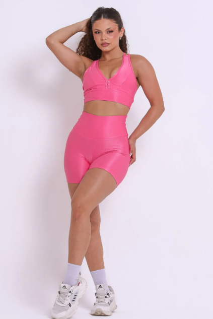 Conjunto Short Canelado de Compressão Rosa Goiaba