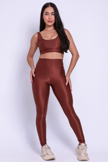 Conjunto Legging + Top Canelado de Compressão Marrom Café