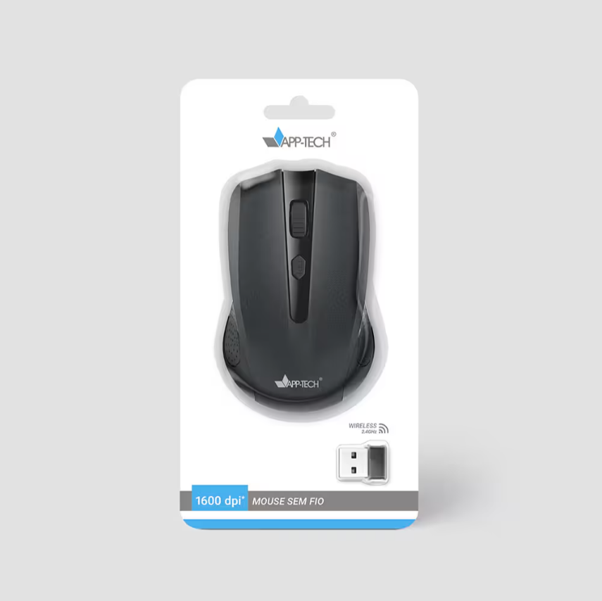 Mouse sem fio, 1600DPI, Preto, MW200, App-Tech - CX 1 UN